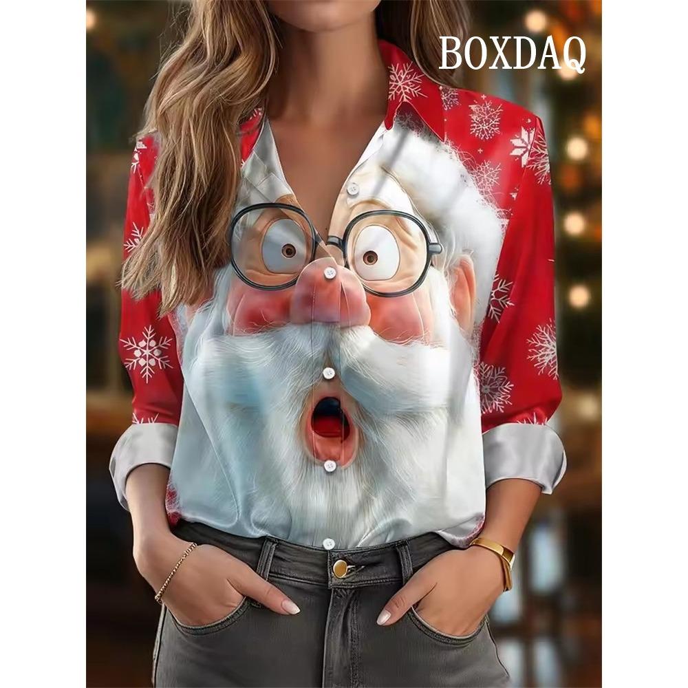 Women's Christmas Blouse Cute Funny Santa Blouse Elegant Fashioin Long Sleeve Shirt Casual Lapel Holiday Wear Fall Winter Daily