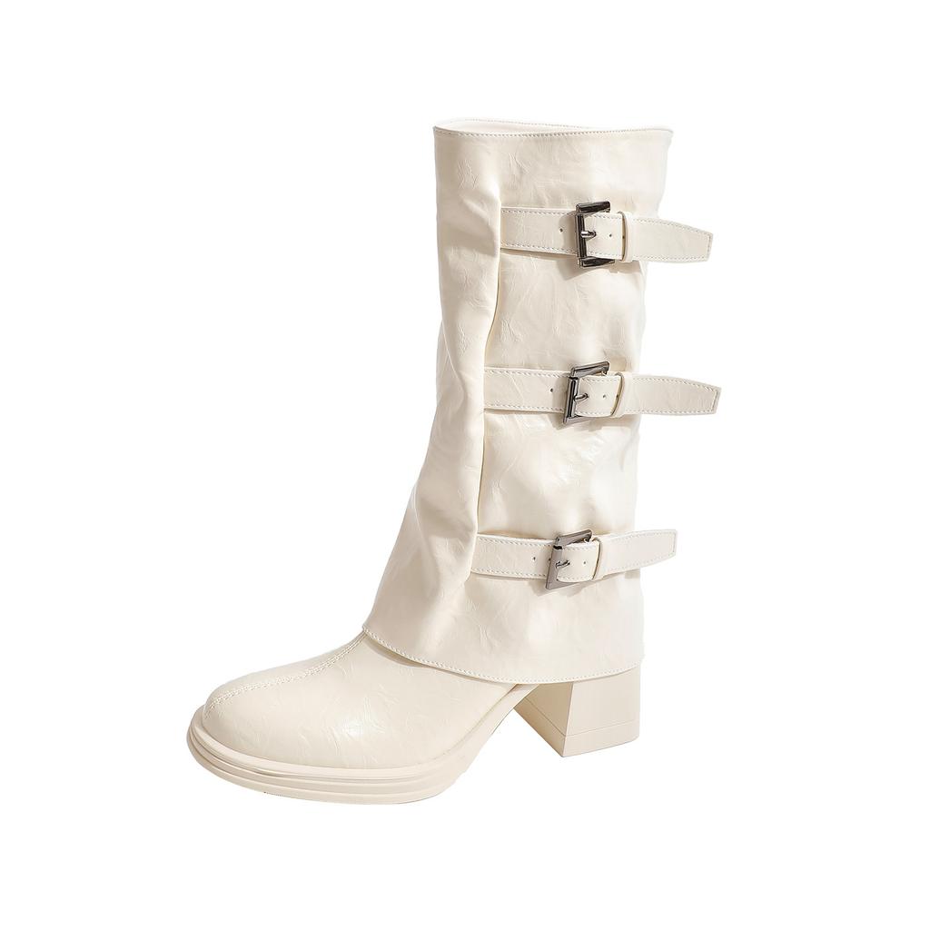 White removable thick-soled trouser boots autumn and winter new retro two-wear long short boots thick heel medium tube western boots