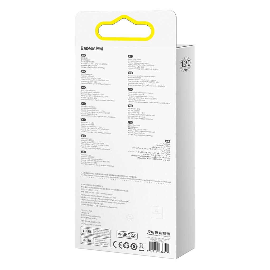 Baseus Flash Series II Universelles 3-in-1-Schnellladekabel USB-A auf USB-C/Micro-USB/Lightning, 66 W, 480 Mbit/s, 1,2 m, Blau