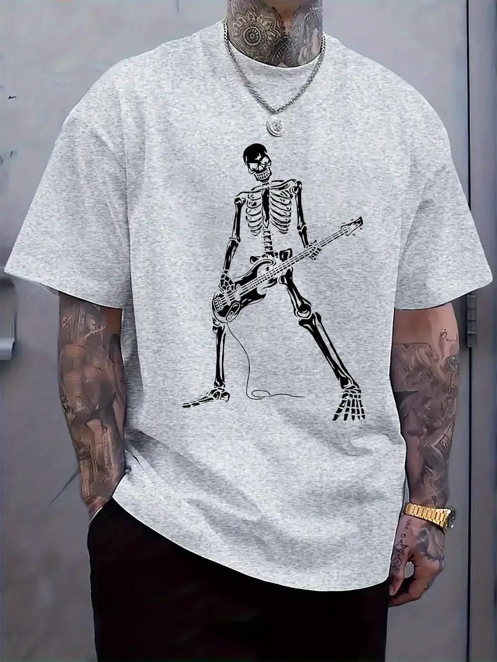 Casual Crew Neck T-shirt with Rock n Roll Skeleton Guitar Print - Short Sleeve XXXL