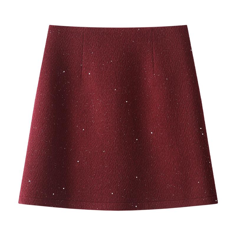 

Red Wool Midi Skirt: Women s High Waist Slimming A-line for Autumn/Winter 2024 M