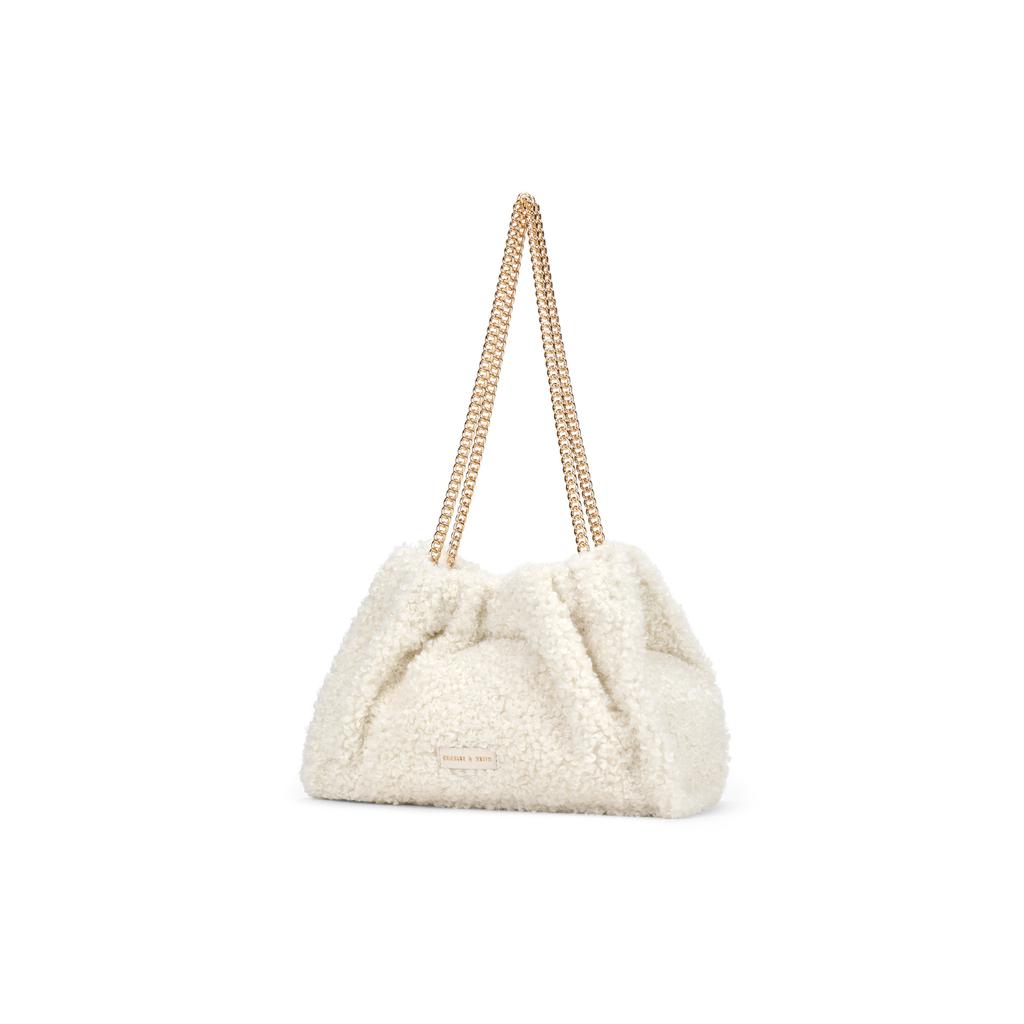 New CHARLES&KEITH Plush Tote Shoulder Bag Large Size Women's Cream Milk White CK2-20782266-1