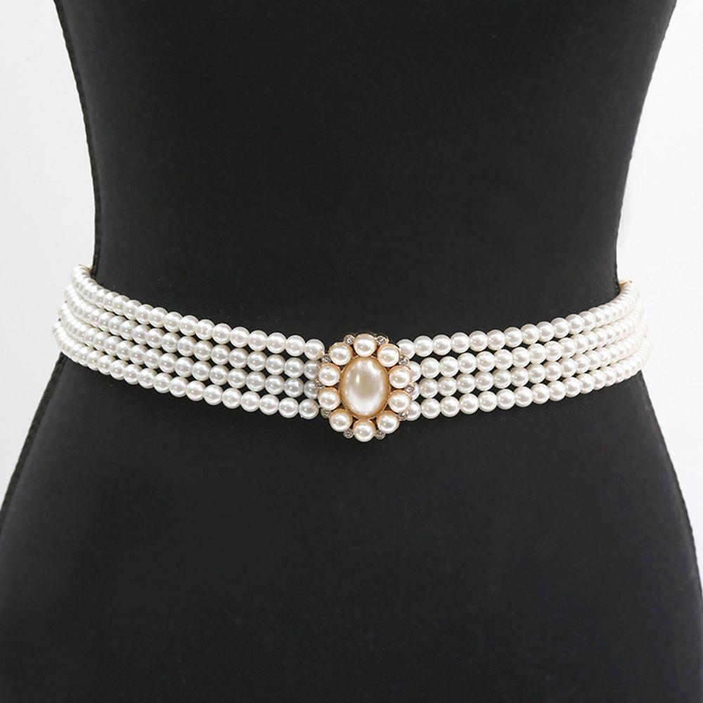 Jeans For Girls Flower Elastic Metal Buckle Dress Decoration Korean Belt Faux Pearl Women Waistband