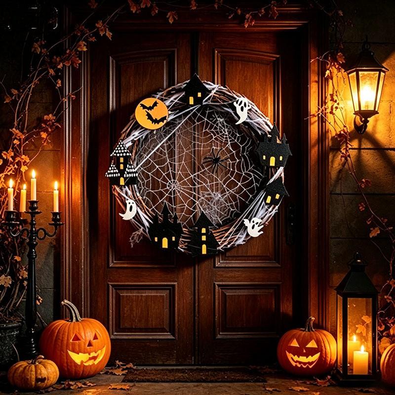 Halloween Door Wreath Bat House Decor Hanging Ornament Spider Web Theme Party Decoration Wooden Craft