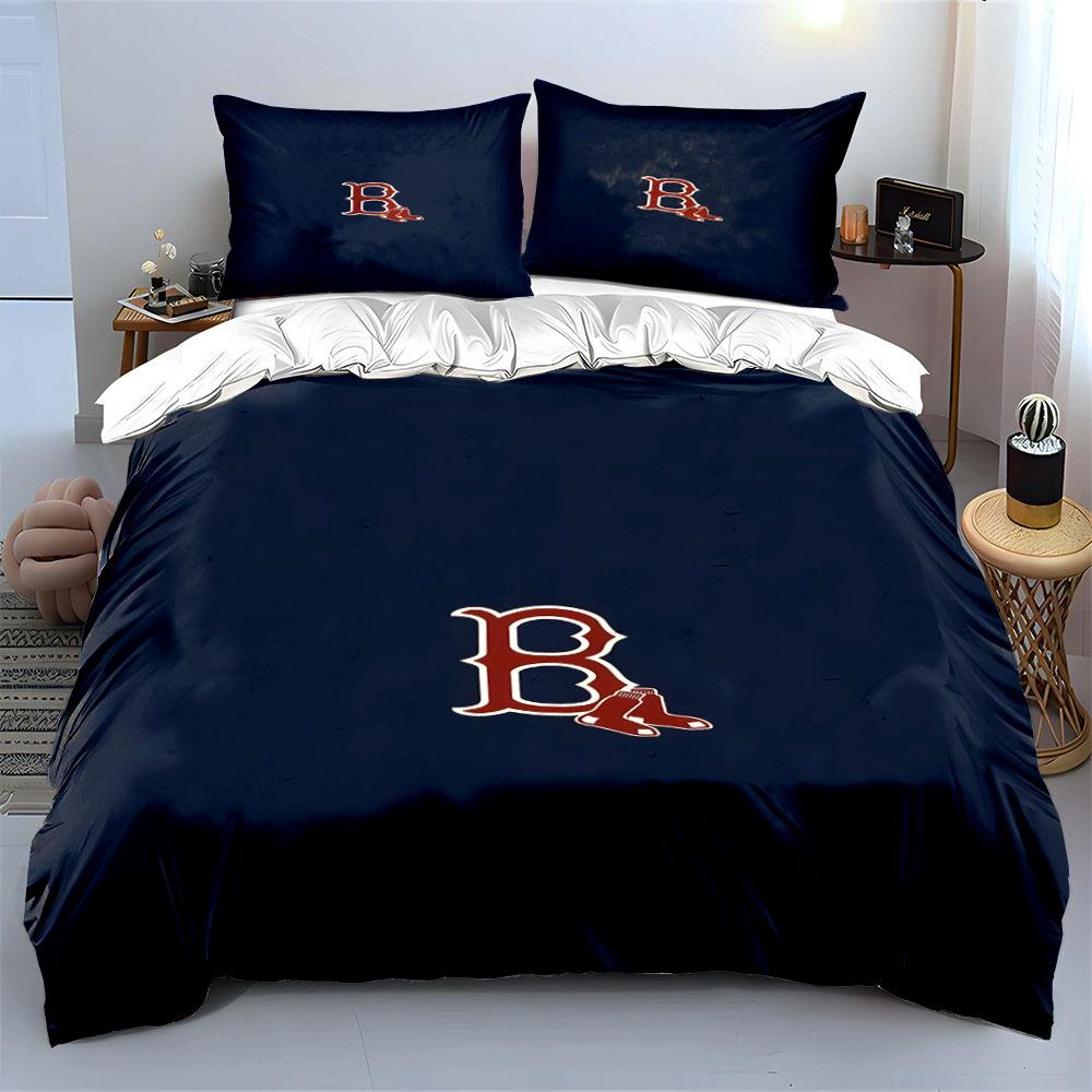 "Red Sox Logo On Navy Blue Background" Print Bedding Set Duvet Cover Pillowcases (1* Duvet Cover 2* Pillowcases Do Not Include Comforter)