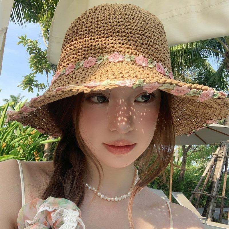 Lace bow big brim straw hat women's summer breathable sunshade sunscreen beach hat sweet bucket hat