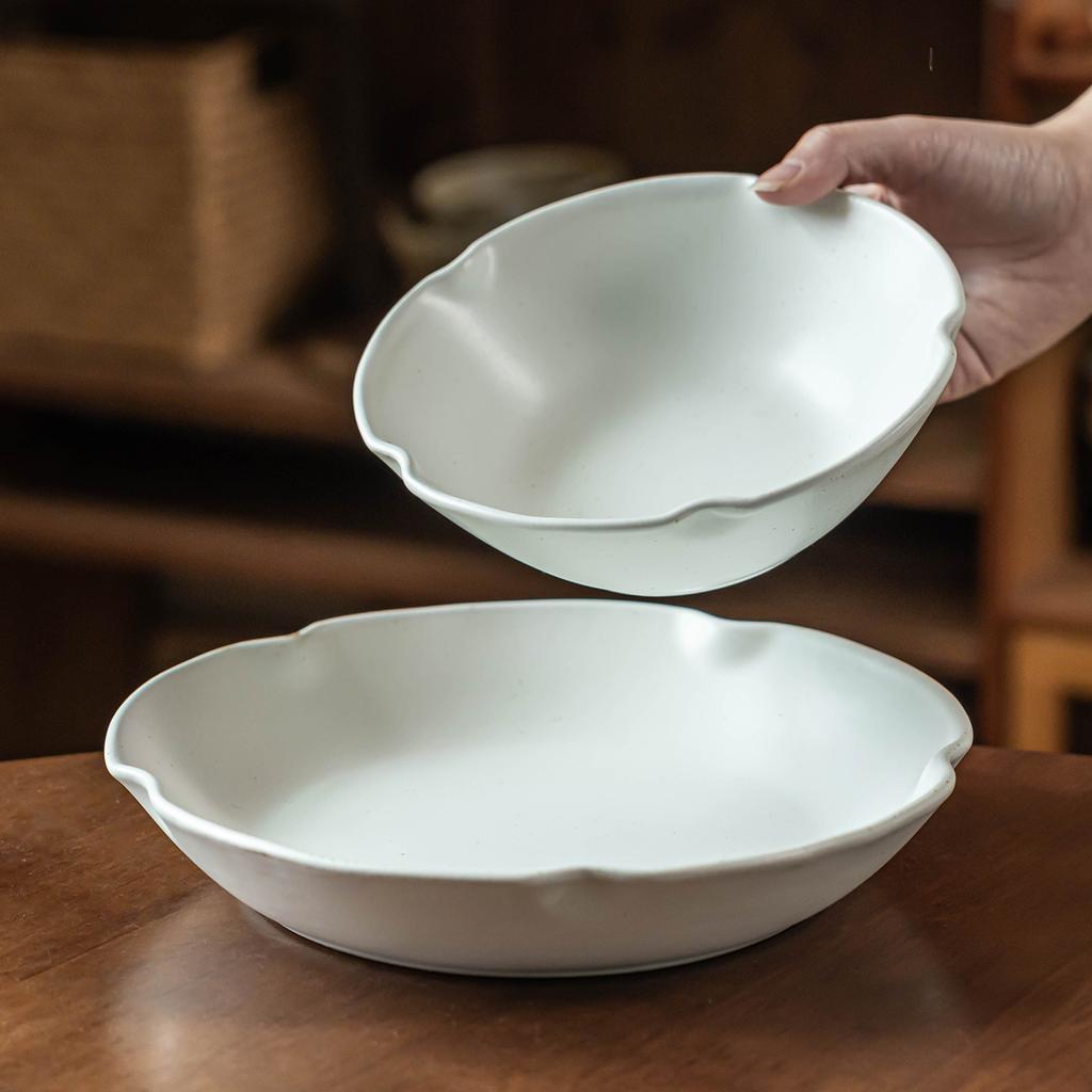 Special-Shaped Solid Color Large Bowl, High-End Bowl Set, Household Tableware, Ceramic Vegetable Bowl, Salad Bowl, Ramen Bowl, Large Bowl.