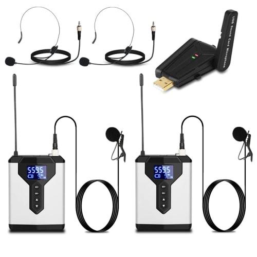 Depusheng Wireless Dual Bodypack USB Receiver Lavalier Microphone Headphone Mic Receiver Transmitter USB Interface for Computer Notebook Video Confere