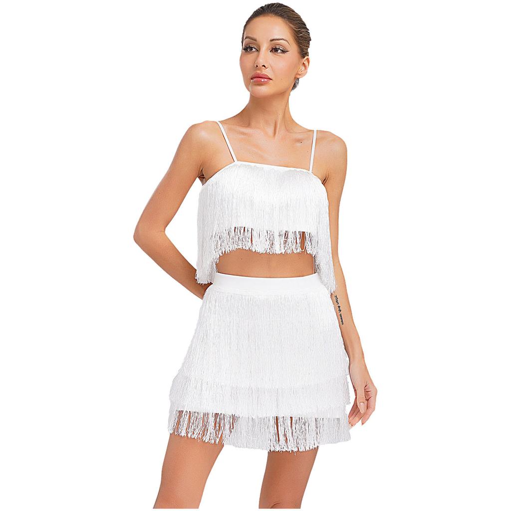 Womens 2 Piece Fringe Dance Set Adjustable Spaghetti Strap Crop Top Elastic Waist Tassel Skirt Club Party Costume