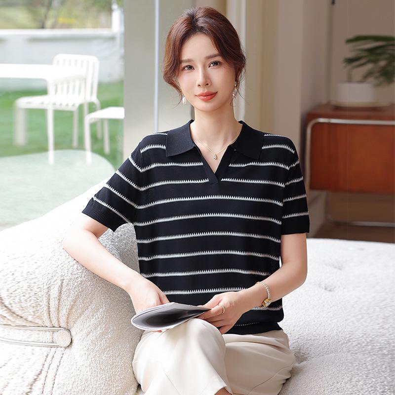 

Mom s Ice Silk Striped Lapel T-Shirt Blouse - Stylish Summer Wear for Middle-Aged and Elderly Women 2XL (110-120 kg) чёрный