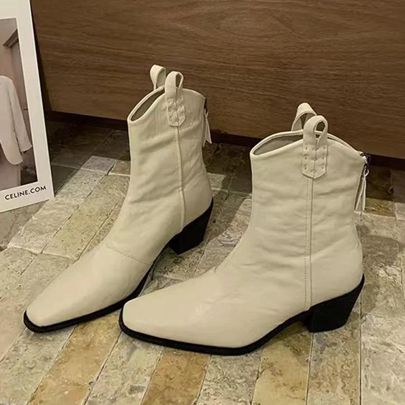 Chunky Pointed Toe Women Ankle Boots Sexy Designer Mid Heels Shoes 2025 Trend Winter Leather Fashion Pumps Chelsea Botas Mujer