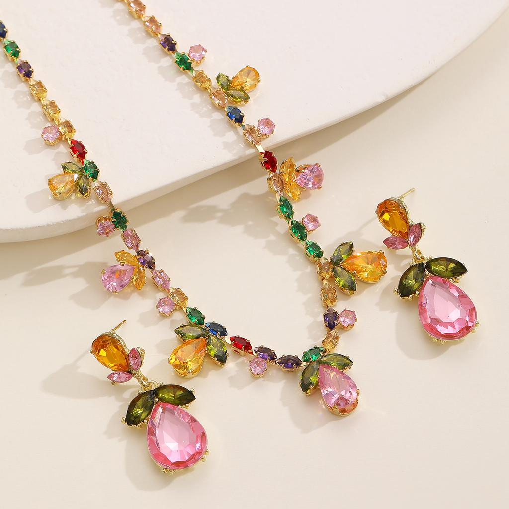 High quality light luxury fashion atmosphere color zircon flower water drop pendant earrings necklace set fresh and sweet jewelry