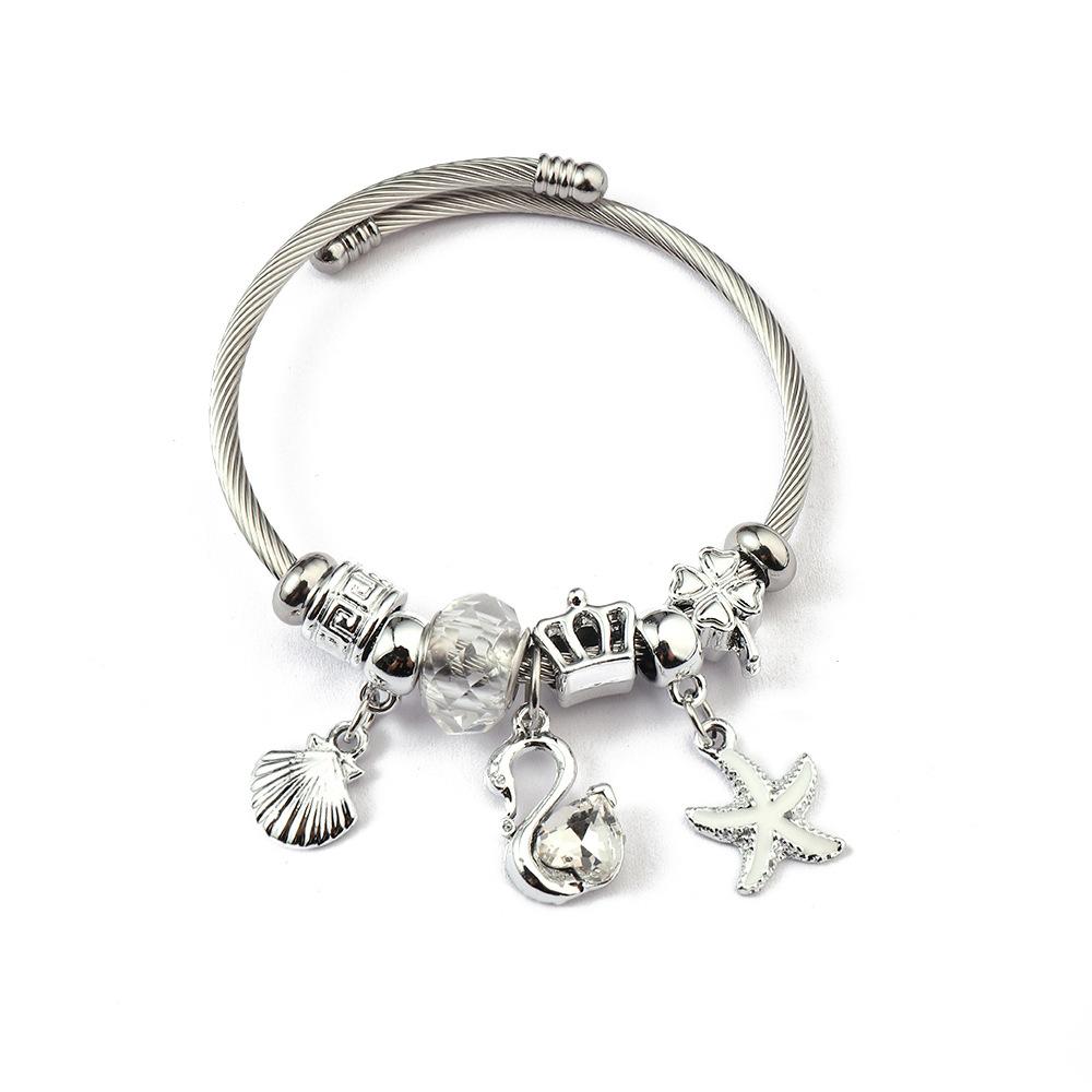Simple Fashion Stainless Steel Bracelet With Crystal Bead Pendant Unisex Jewelry