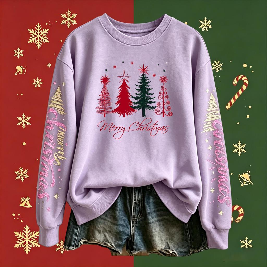 Women's Long Sleeve Christmas Print Crewneck Pullover Sweatshirt for Holiday Casual Wear