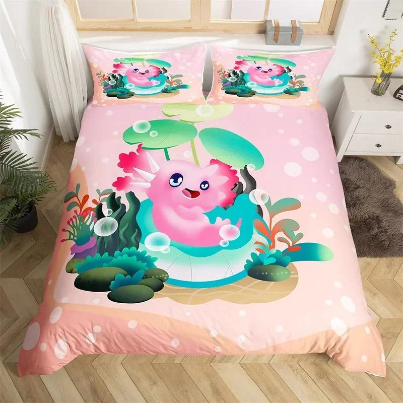 Cartoon Salamander Bedding Set, Maple Leaf Duvet Set, Microfiber Marine Life Three-Piece Set.