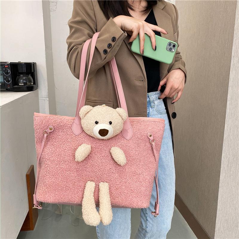 Dámská taška přes rameno Bear Velkokapacitní semišová kreslená taška Plyšová taška