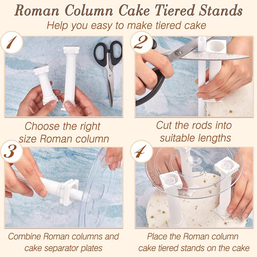 27-Piece Cake Tier Stacking Kit - Includes 12 Roman Columns (3 Sizes), 6 Cake Boards (12/16/20cm), and 9 Dowel Rods for Wedding and Tiered Cakes