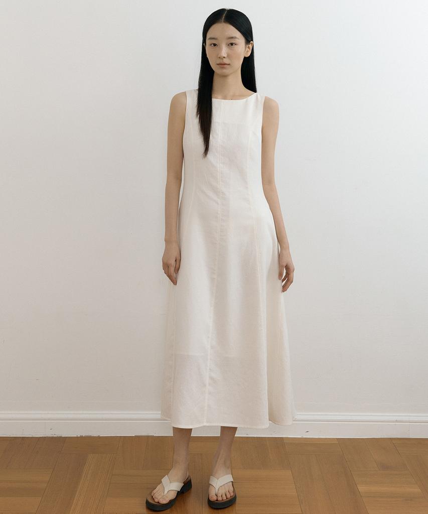 Lingseoul Linen Sleeveless Boat Neck Long Flare Dress-Ivory