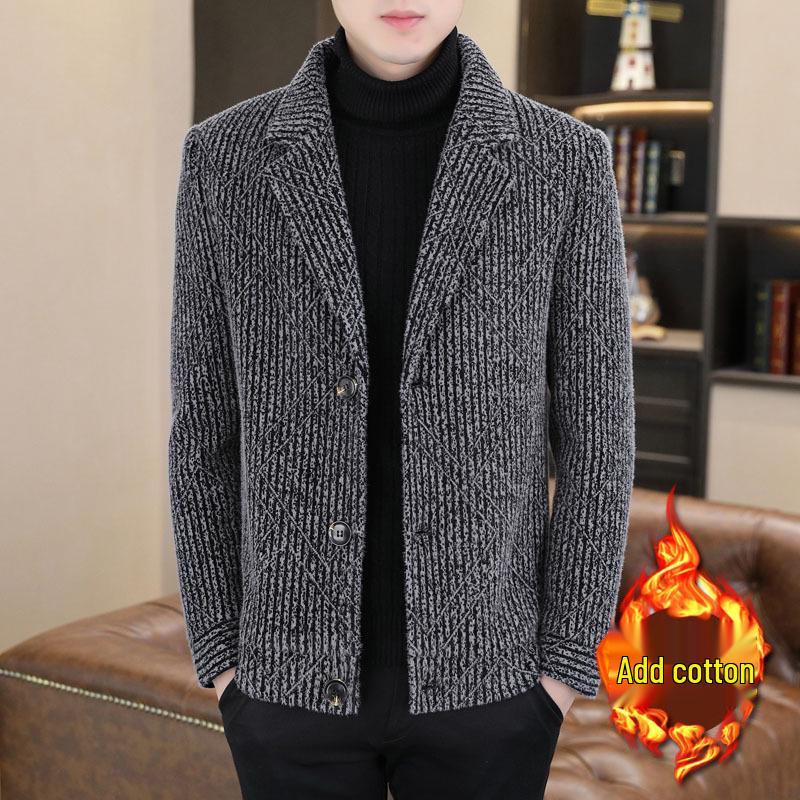 Men's Striped Mid-Length Overcoat Suit Collar Trench Coat, 2023 Autumn/Winter, Youth Plus Cotton, Thickened.