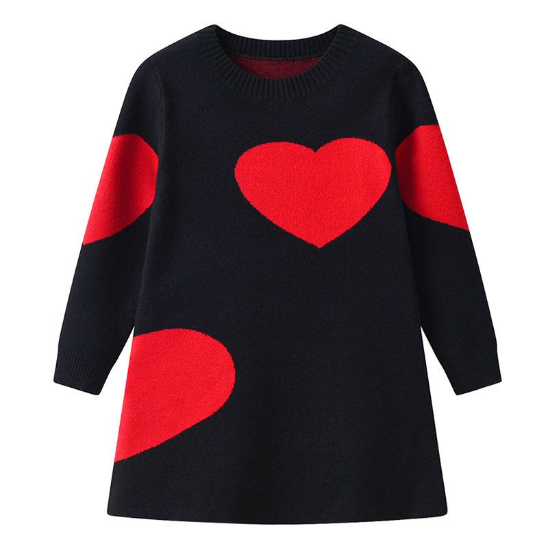 2024 Spring and Autumn Children s Clothing Round Neck Heart Pattern Girls  Knitted Dress Princess Dress for Older Girls Children s Sweater Dress Black 130