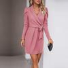 Women Autumn Winter Elegant V Neck Long Sleeve Solid Color High Waist Short Dress