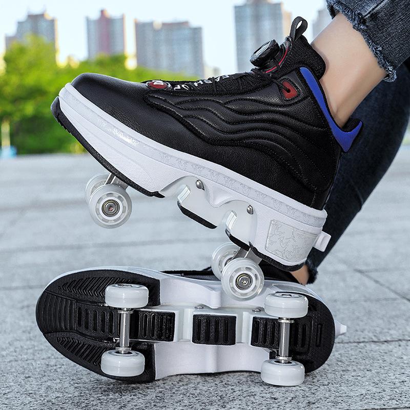 Rullskor Stora fyrhjuliga Pojkar och Flickor Dubbelradiga Rullskridskor Kvinnliga Studenter Ettklicks Automatisk Indragning Deformationshjulsskor