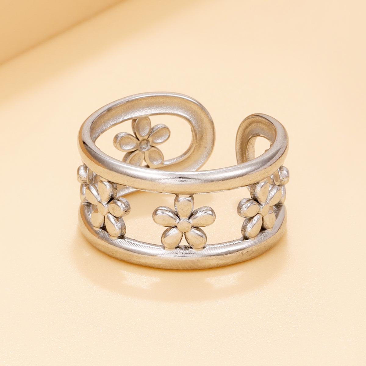 Adjustable Stainless Steel Hollow Flower Ring - Fairy Style for Women
