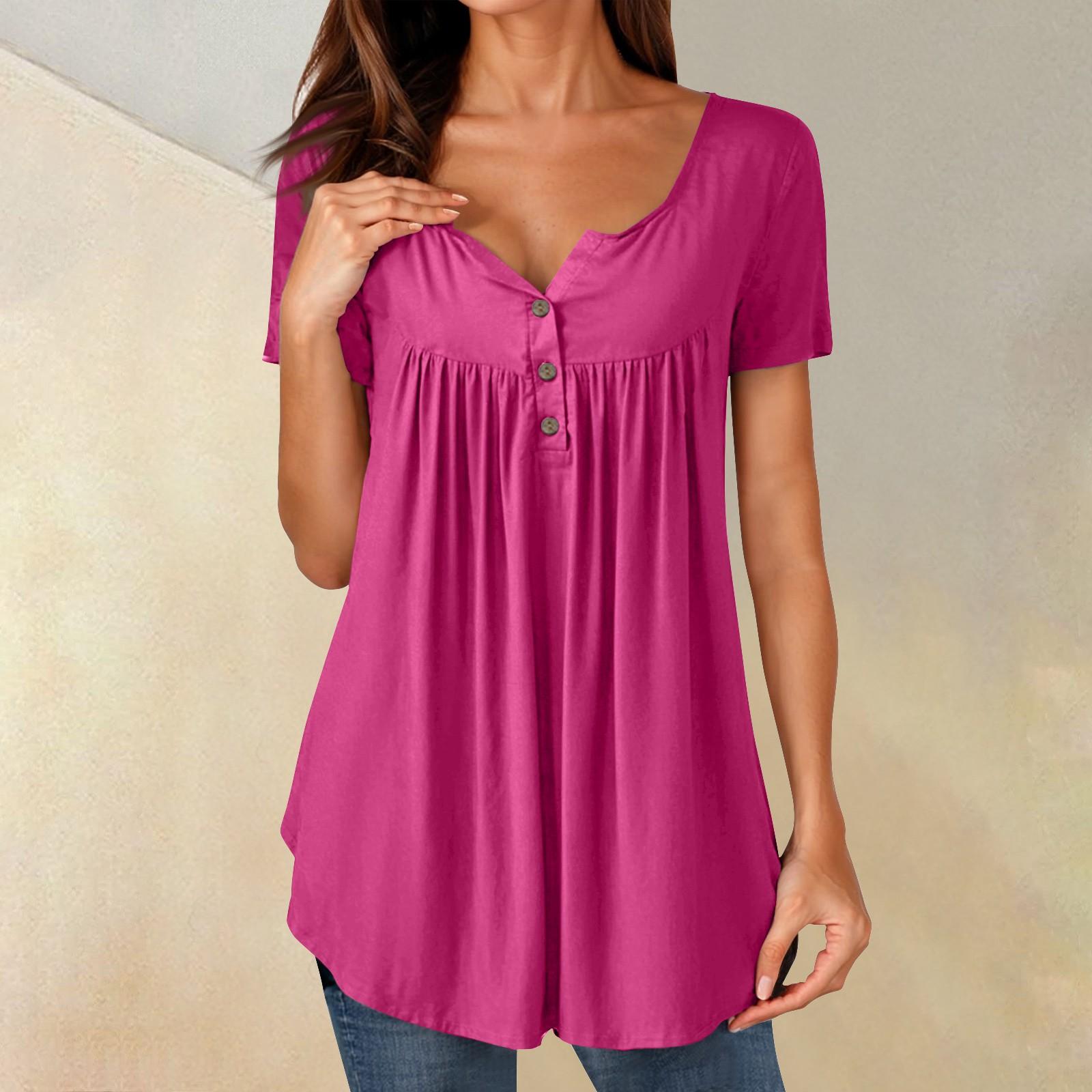 

Женские туники, топы, нарядные, повседневные, летние, рубашки с коротким рукавом, свободный крой, плиссированный топ в стиле бохо L горячий розовый