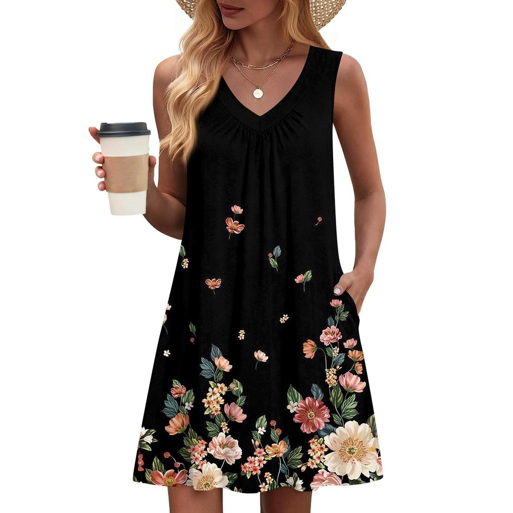 Women's Fashion Printed Summer Sleeveless V-neck Tank Top Pocket Casual Loose Dress