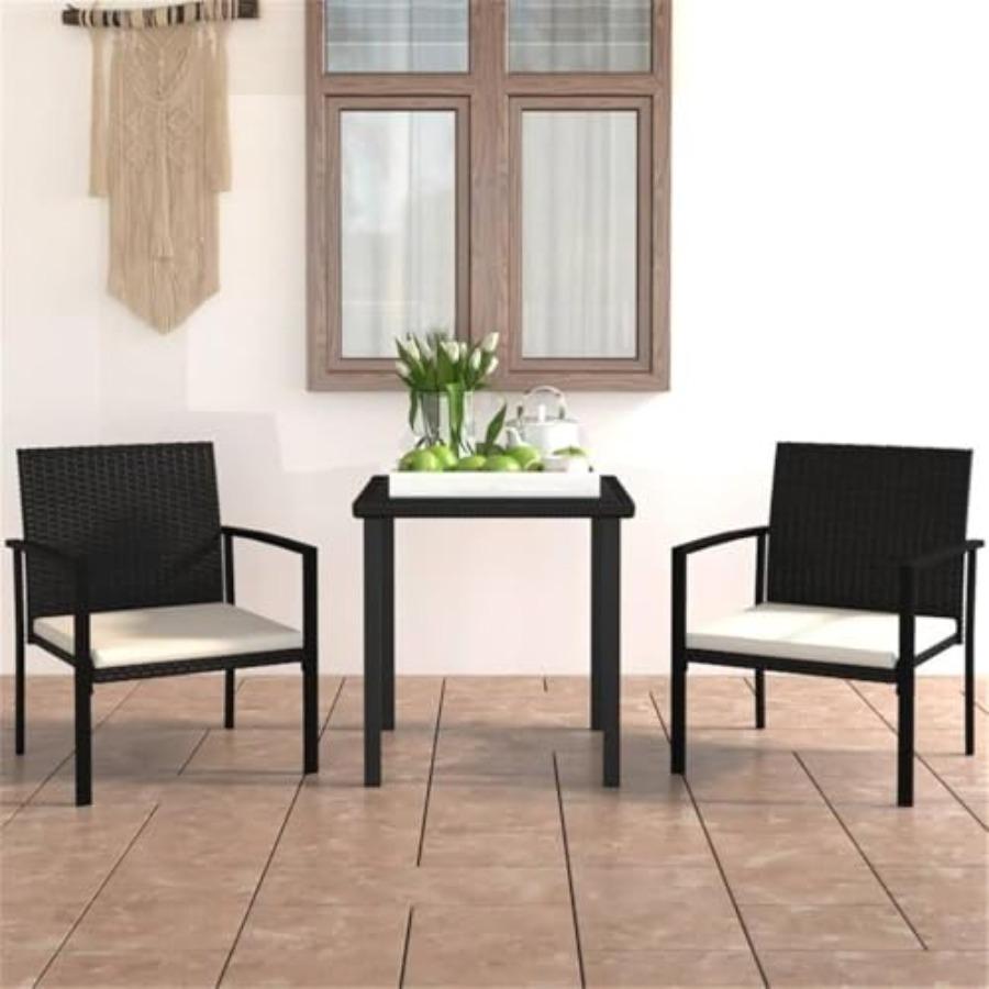 3-Piece Patio Dining Set, Black Table and Chairs with Cream Cushions, Poly Rattan Finish, Compact Outdoor Garden Furniture for