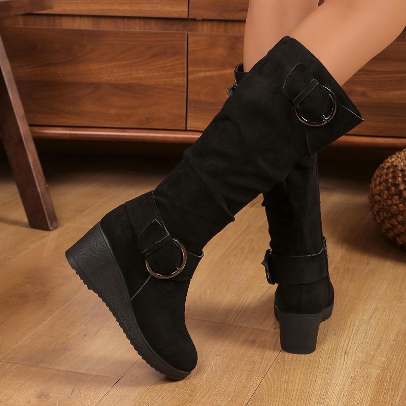 Fashion High Heels Women Suede Long Boots 2025 Winter Fad Elegant Shoes Wedges New Trends Cozy Shoes Classical Buckle Knee Boots Mujer