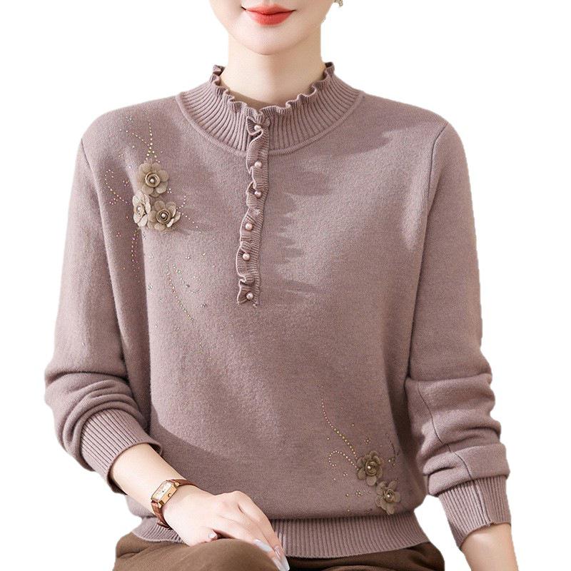 Women's Winter Fleece Knit Top: Plus Velvet Wood Ear Collar Base Layer for Middle-Aged Moms
