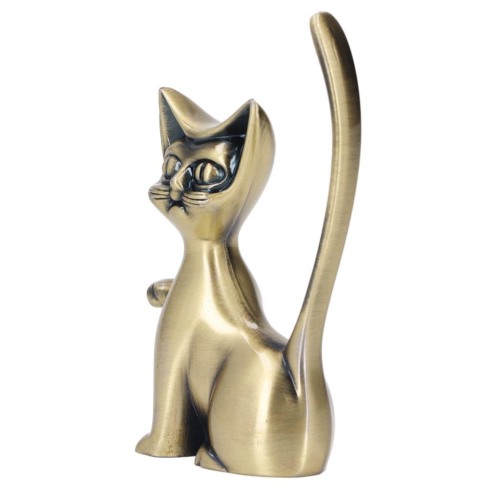 Zinc Alloy Cat Ring Holder Solid Brass Cat Statue Jewelry Towers Feline Sculpture Desk Decor