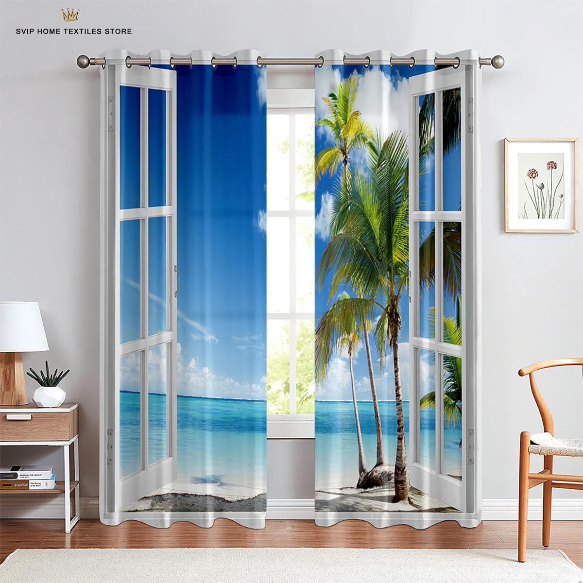 

3D Печать Printscenerycurtains Прибрежное Жилое Пространство Кухонная Зона Кабинет Шторная Петля ДекоративныеШторы Домашний Декоративный Элемент 2 шт. W50X130H(CM)X2PCS&Grommet Top