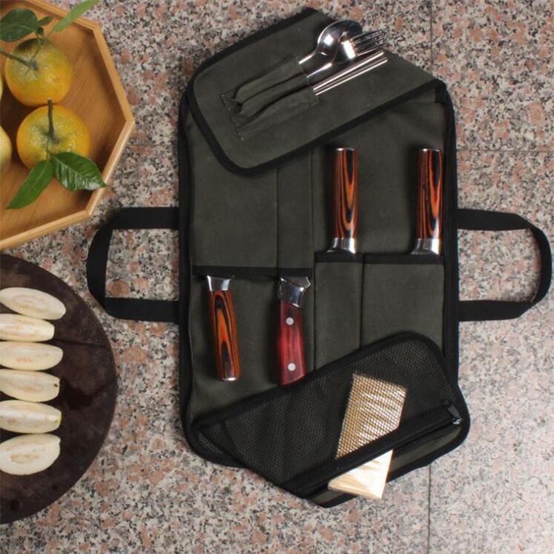 Kitchen Knife Roll Bag 4 Slot Chef Knives Storage Pouch Camping Picnic Portable Kitchenware Canvas Carry Case (No Knife)