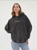 Autumn/Winter 2024 Retro Embroidered Hooded Sweatshirt: European/American Style, Mid-Length, Loose Fit, Washed & Distressed.