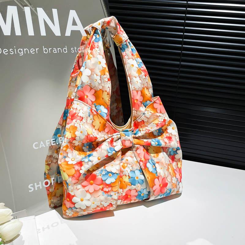 Sweet Bow Flowers Women's Shoulder Bag Casual Large Capacity Girls Underarm Bags Pleated Design Travel Ladies Tote Handbags