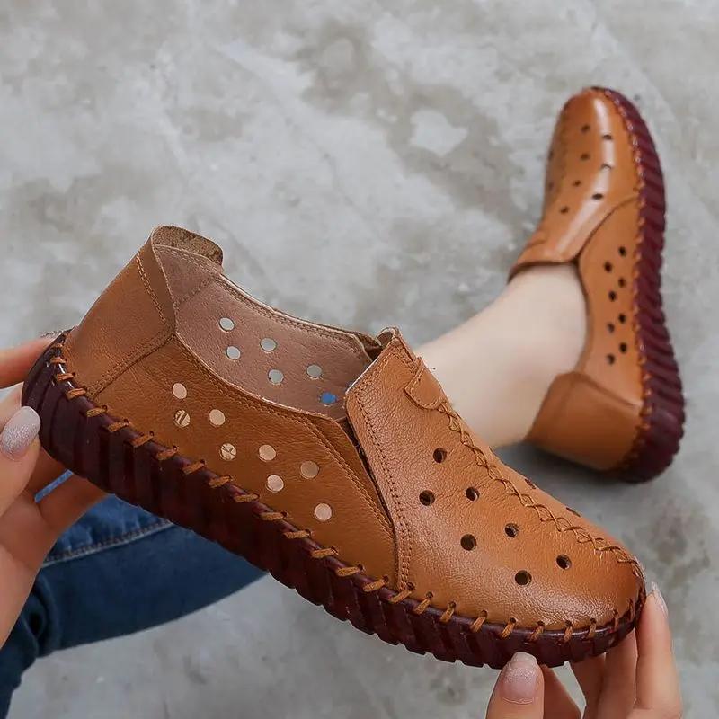 Handmade Stitch Leather Cutout Sandals Women Summer Luxury Shoes Big Size 42  Comfort Breathable Oxford Softsole Walking Flats