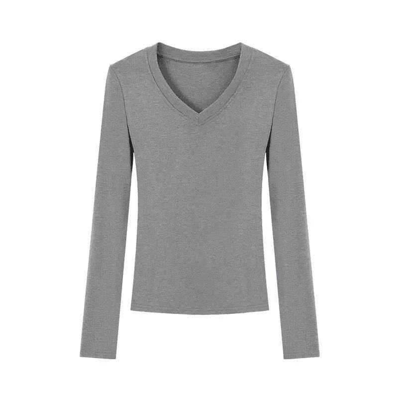 2024 Women's Slim V-Neck Long-Sleeve Top: Versatile, Straight Shoulder for Autumn/Winter.