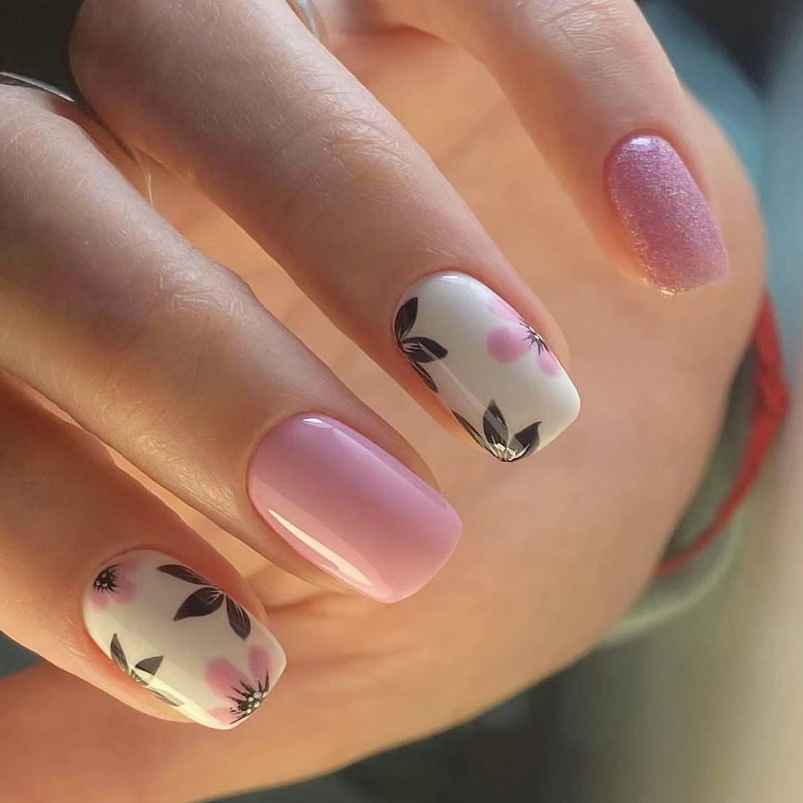 

Квадратные накладные ногти с цветами, наклейки для ногтей 12 размеров, 24 шт., французские типсы для DIY украшений для нейл-арта