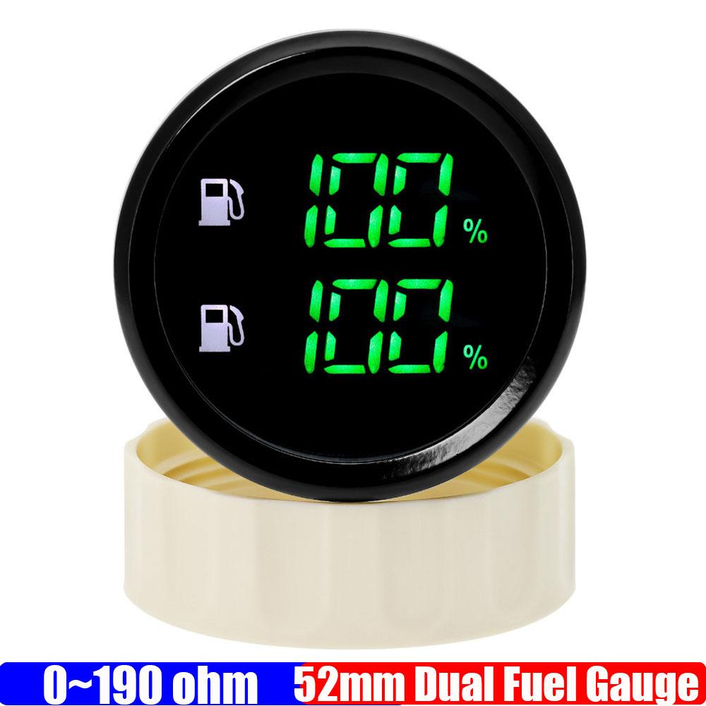 Green LED Digital Dual Gauge with Alarm 52MM Dual Fuel Level Gauge for Fuel Level Sensor 0-190ohm Oil Tank Meter Boat Car Custom