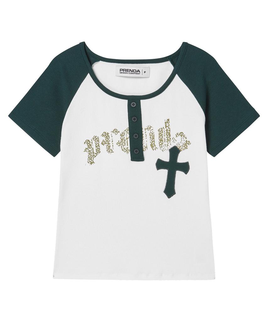 PRENDA Cross Applique Raglan Short Sleeve Ivory