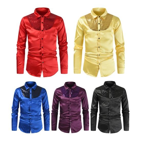 Spring Fall Men Shirt Sequin Smooth Surface Single-breasted Patchwork Turn-down Collar Cardigan Long Sleeves Cosplay Club Dance Party Top