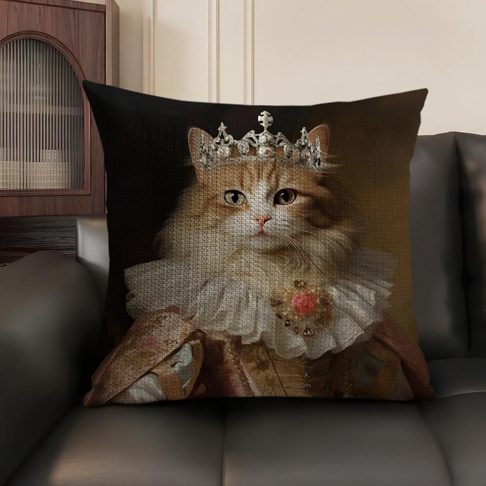 Renaissance Royal Cat Cushion Cover Natural Linen Organic Fabric DoubleSided Printing Sofa Home Decor Gift Pillow Case