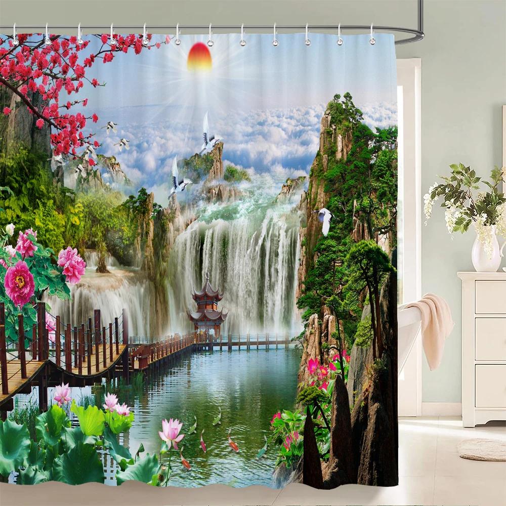 Chinese style Natural Waterfall landscape Shower Curtains Bathroom Curtain Waterproof Polyester Horse Bath Curtain with Hooks