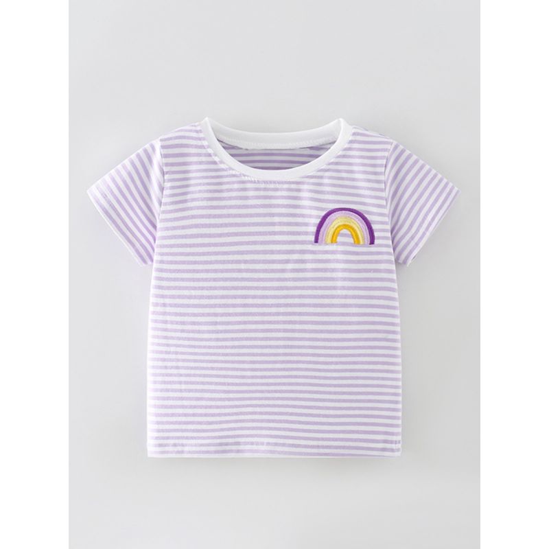 Girls' Purple Short-Sleeved T-Shirt Baby Rainbow Striped Half-Sleeved Pure Cotton T-Shirt Small Kidsren's Summer Round Neck Top 8