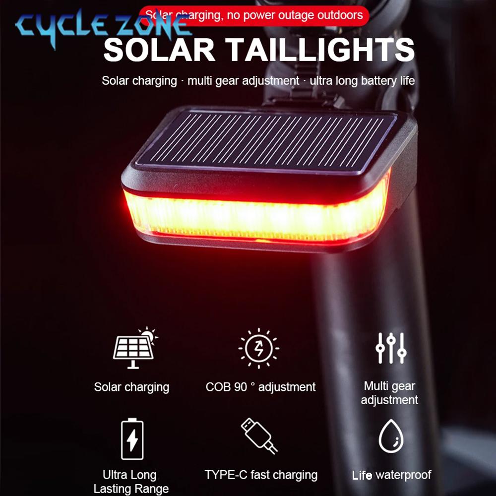 Bicycle Taillight Solar Energy Rechargeable Cycling Rear Lights MTB Road Mountain Bike Tail Light Night Cycling Safety Red Lamp