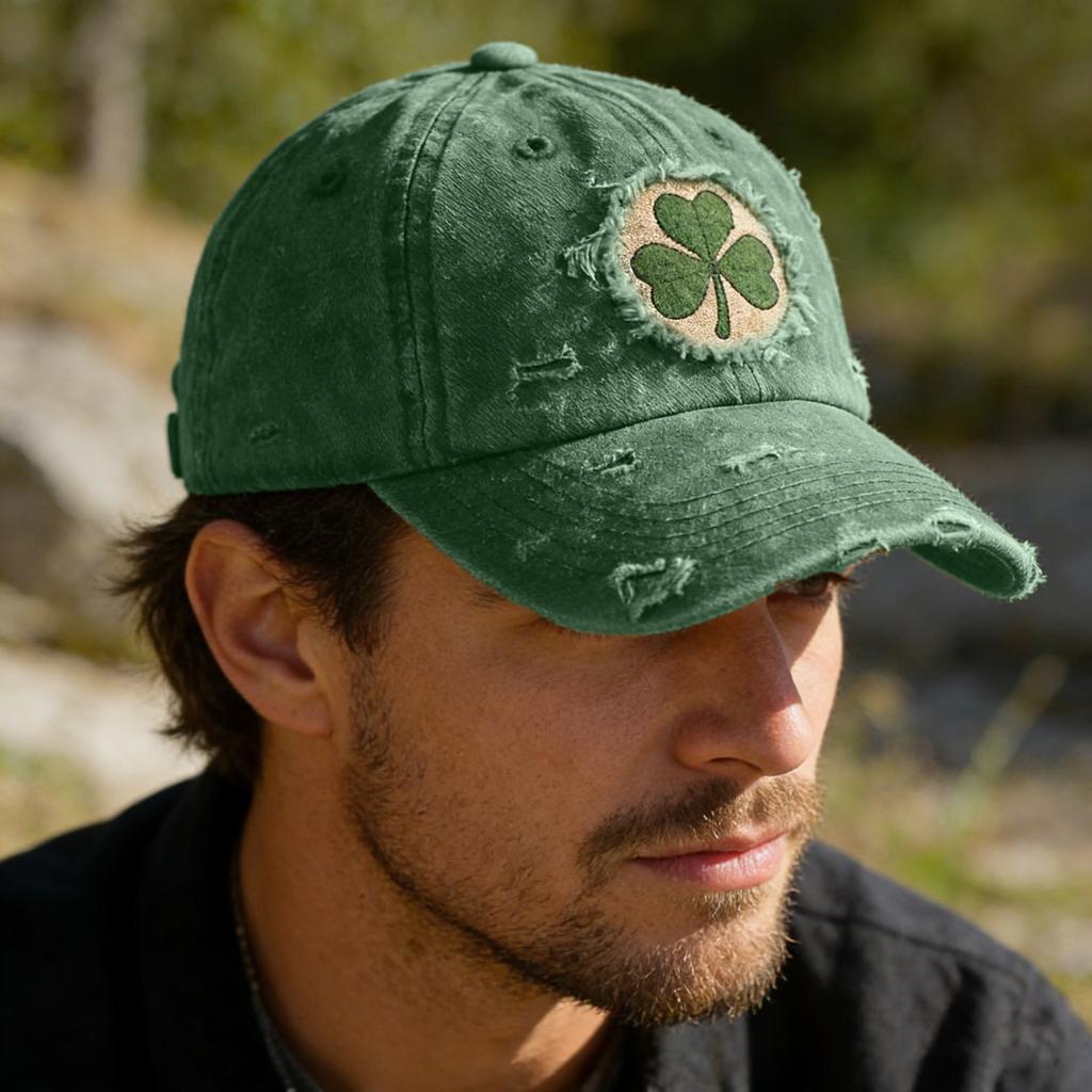 Distressed Washed Cotton Baseball Cap with Embroidered Clover Adjustable Vintage Style Dad Hat