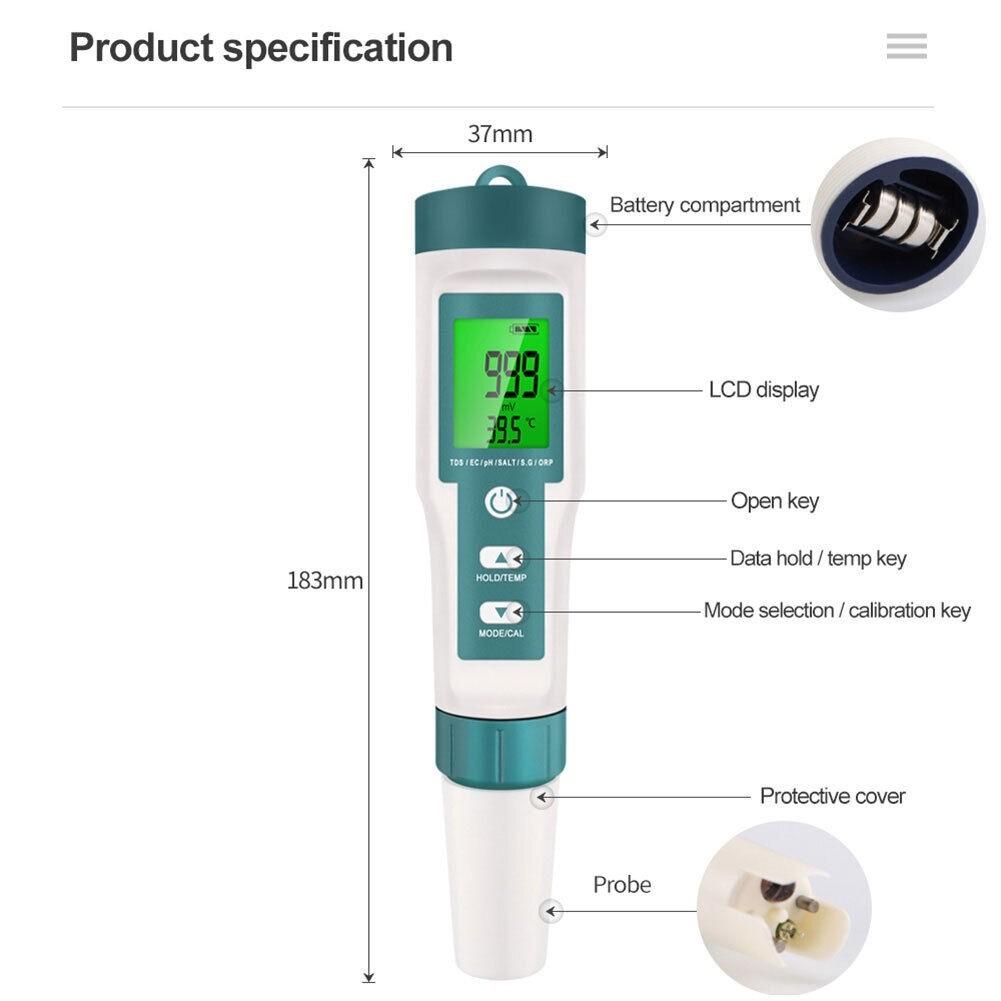 8 In 1 Multi Functional Water Quality Meter Portable Digital PH Tester Drinking Water Aquariums Water Quality Tester Pen