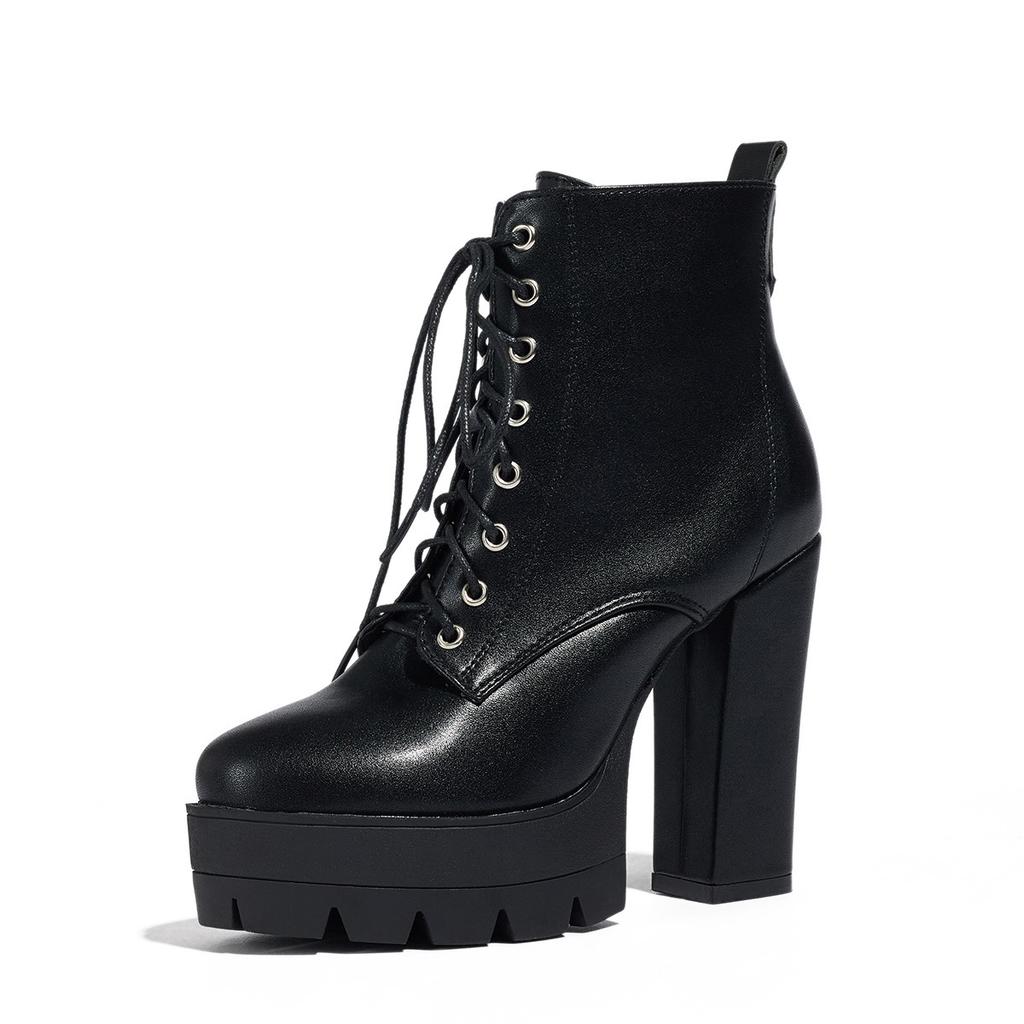 Autumn and Winter Supply Fashion Thick-soled High-heeled Large-size Front Lace-up Low-tube Martin Boots
